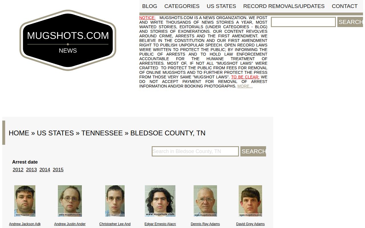 Unofficial Bledsoe County arrest listing source with stale-data caution