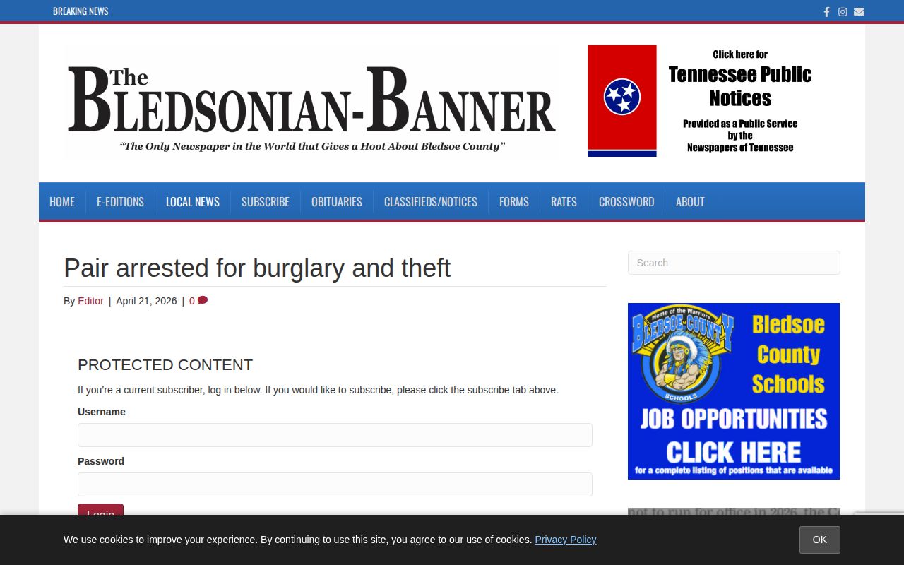 Bledsoe County arrest news example from a Bledsonian-Banner report
